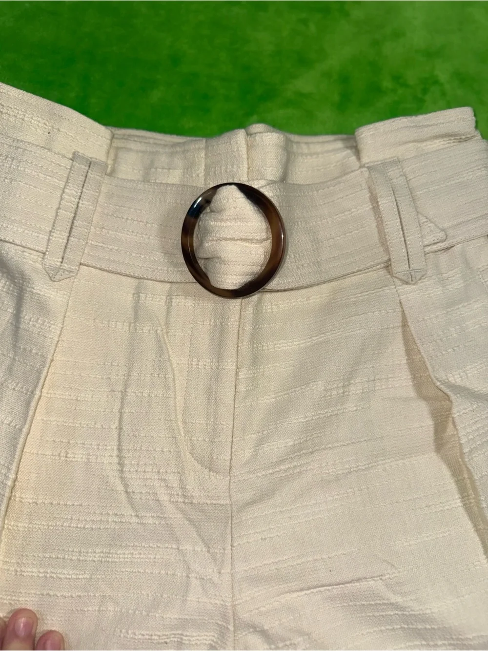 Sezane Cream High-Waist Pleated Shorts with Tortoiseshell Ring Belt
